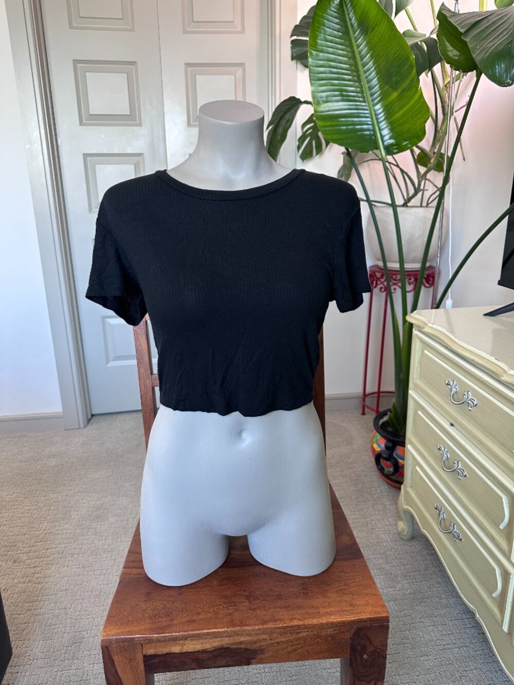 BCBG Generation Black Ribbed Cap Sleeve Crop Top Stretch Rayon Size S